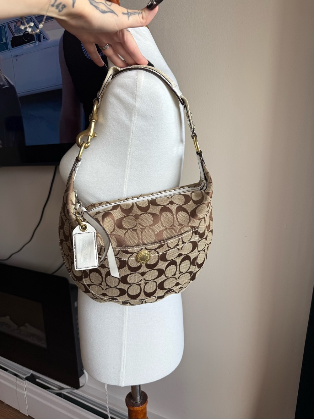 Coach Tan/Brown Signature Canvas Crescent Shoulder Bag